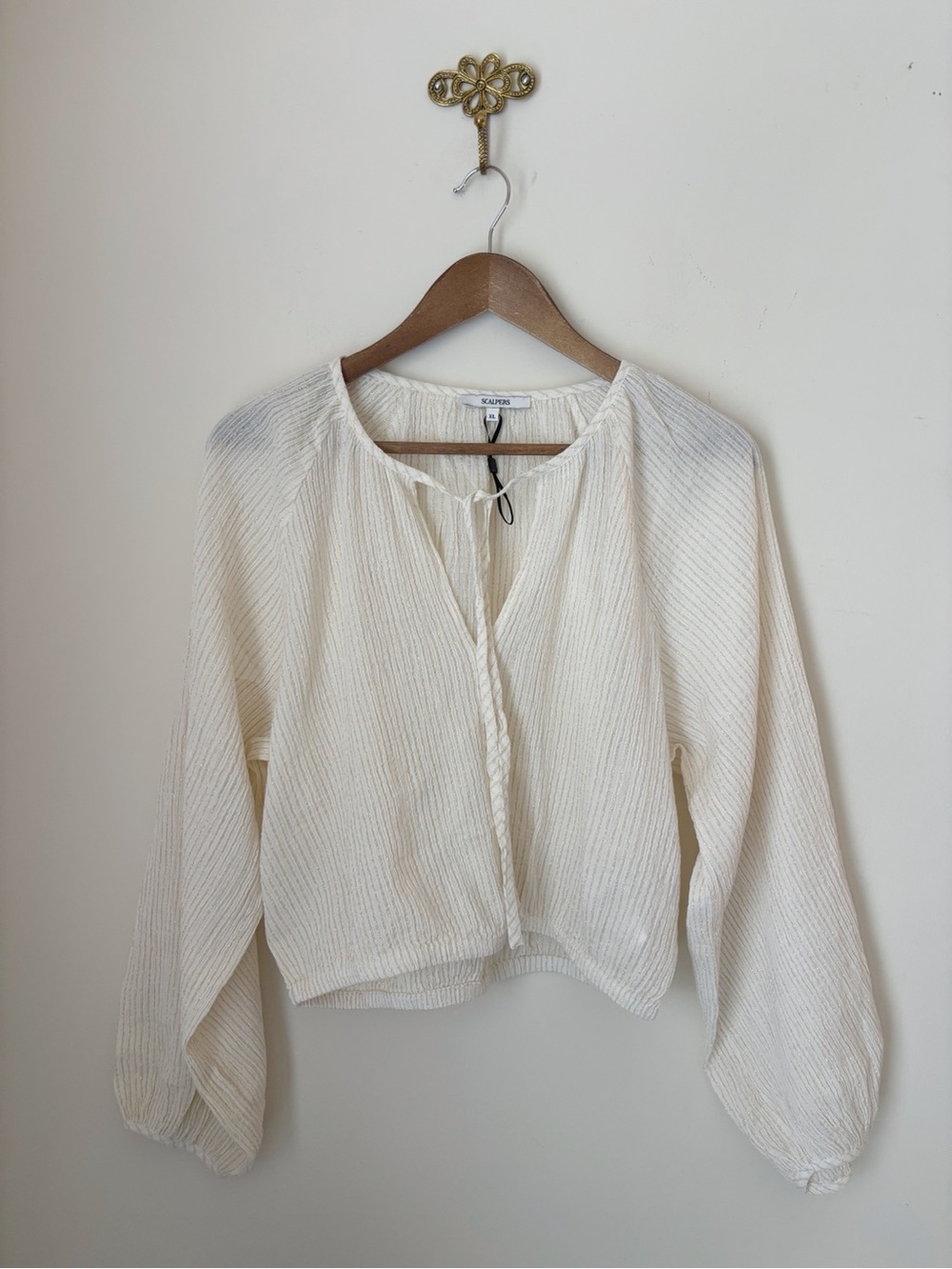 Scalpers Cream & Metallic Gold Striped Peasant Top XL NEW